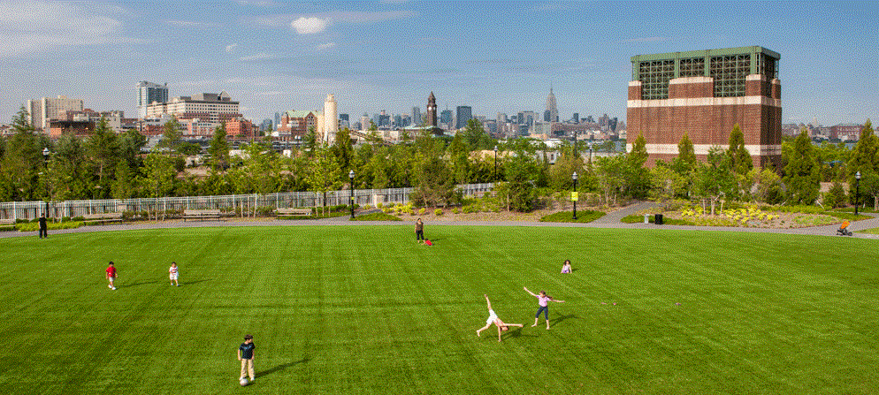 people playing soccer on a green field in a park with a city in the background